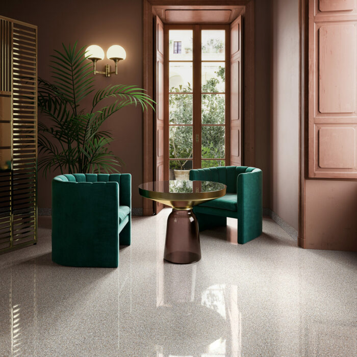 Terrazzo style porcelain tile floor